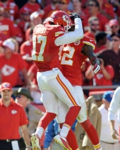 Sep 29, 2013; Kansas City, MO, USA; Kansas City Chiefs wide receiver Dwayne Bowe (82) is congratulated by wide receiver Donnie Avery (17) after Bowe scores a touchdown against the New York Giants at Arrowhead Stadium. Credit: Denny Medley-USA TODAY Sports