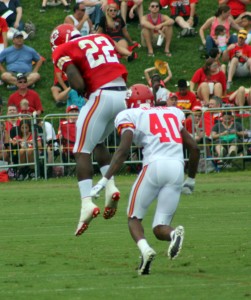 July 26, 2014; St. Joseph, MO; Wide receiver Mark Harrison made a leaping grab in front of defensive back DeMarcus Van Dyke during practice at Chiefs training camp. Credit: Matt Derrick, ChiefsSpin.com
