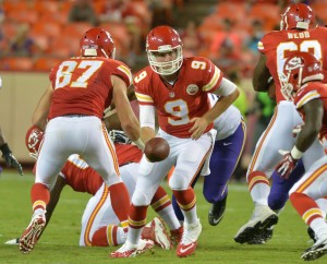 Aug 23, 2014; Kansas City, MO; Chiefs quarterback Tyler Bray (9) in action at Arrowhead Stadium. Credit: Denny Medley-USA TODAY Sports