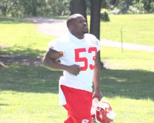 July 24, 2014; St. Joseph, MO; Chiefs linebacker Joe Mays heads to the practice field during the first day of training camp. Credit: Matt Derrick, ChiefsSpin.com