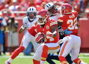 Sep 7, 2014; Kansas City, MO; Chiefs running back Knile Davis (34) against the Tennessee Titans at Arrowhead Stadium. Credit: Denny Medley-USA TODAY Sports