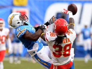 Oct 19, 2014; San Diego; Chiefs strong safety Ron Parker (38) breaks up a pass intended for Chargers wide receiver Eddie Royal (11) at Qualcomm Stadium. Credit: Jayne Kamin-Oncea-USA TODAY Sports
