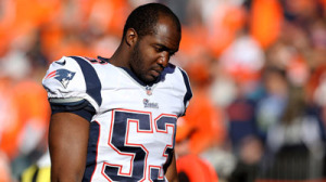 Jan. 19, 2014; Denver; Then-Patriots linebacker Ja'Gared Davis (53) during the 2013 AFC Championship football game at Sports Authority Field at Mile High. Credit: Mark J. Rebilas-USA TODAY Sports