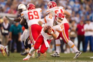 Dec 29, 2013; San Diego; Chiefs quarterback Chase Daniel (10) rolls out of the pocket against the Chargers at Qualcomm Stadium. Credit: Stan Liu-USA TODAY Sports