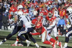 Dec 28, 2014; Kansas City, MO; Chiefs outside linebacker Justin Houston (50) sacks Chargers quarterback Philip Rivers (17) in the first half at Arrowhead Stadium. Credit: John Rieger-USA TODAY Sports