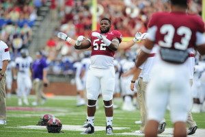 General view of Troy defensive lineman Billy Dobbs (52) during pregame warm-ups. Credit: Troy University Sports Information