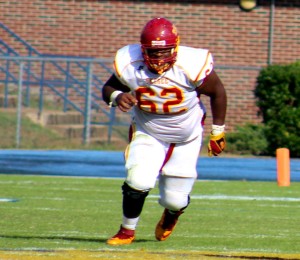 General view of Tuskegee center Matthew Reese (62) in action during the 2014 regular season. Photo provided by Tuskegee Sports Information. Credit: Robin Mardis, assistant sports information director