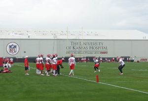 May 28, 2015; Kansas City, MO; General view of the Chiefs defensive backs warming up during individual position drills on Day Three of OTAs. Credit: Teope