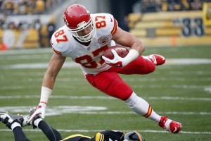 Kansas City Chiefs tight end Travis Kelce (87) is tackled by Pittsburgh Steelers cornerback William Gay (22) during the first half of an NFL football game in Pittsburgh, Sunday, Dec. 21, 2014. (AP Photo/Tom Puskar)