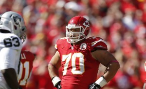 Kansas City Chiefs defensive end Mike DeVito (70) during the first half of an NFL football game against the Oakland Raiders at Arrowhead Stadium in Kansas City, Mo., Sunday, Oct. 13, 2013. (AP Photo/Ed Zurga)