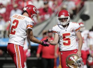 Kansas City Chiefs kicker Cairo Santos (5) celebrates after kicking a 42-yard field goal from the hold of Dustin Colquitt against the San Francisco 49ers during the second quarter of an NFL football game in Santa Clara, Calif., Sunday, Oct. 5, 2014. (AP Photo/Marcio Jose Sanchez)