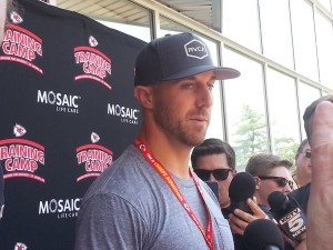 July 28, 2015; St. Joseph, MO; Chiefs quarterback Alex Smith addresses the media on first day of rookies, quarterbacks and select players reporting for training camp. (Credit: Teope)