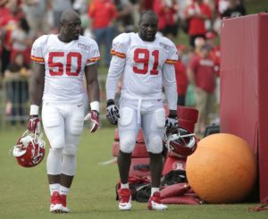 Aug. 1, 2014; St. Joseph, MO; Chiefs outside linebackers Justin Houston (50) and Tamba Hali (91) during training camp at Missouri Western State University. (AP Photo/Charlie Riedel)