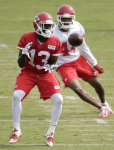 Kansas City Chiefs wide receiver De'Anthony Thomas (13) catches a pass during NFL football training camp Wednesday, Aug. 5, 2015, in St. Joseph, Mo. (AP Photo/Charlie Riedel)