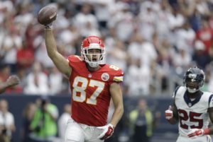 Sept. 13, 2015; Houston; Chiefs' Travis Kelce (87) celebrates a touchdown catch during the first half against the Houston Texans at NRG Stadium. (AP Photo/Patric Schneider)