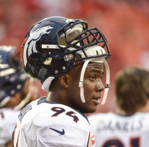 Sept. 17, 2015; Kansas City, MO; Broncos outside linebacker DeMarcus Ware (94) during during warm-ups before the game against the Chiefs at Arrowhead Stadium. (AP Photo/Reed Hoffmann)