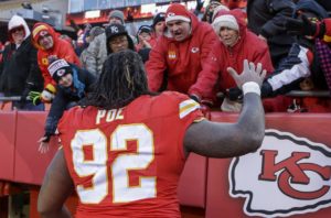 Nov. 16, 2014; Kansas City, MO; Chiefs defensive tackle Dontari Poe (92) is greeted by fans following the game against the Seattle Seahawks at Arrowhead Stadium. (AP Photo/Ed Zurga)