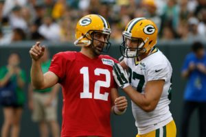 Aug. 8, 2015; Green Bay, WIS; Packers quarterback Aaron Rodgers (12) and wide receiver Jordy Nelson (87) during Packers Family Fun Night at training camp. (AP Photo/Mike Roemer)