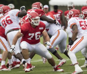 Aug. 18, 2015; St. Joseph, MO; Chiefs guard Laurent Duvernay-Tardif (76) prepares to block during a training camp drill at Missouri Western State University. (Emily DeShazer/The Topeka Capital-Journal)