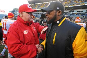 Dec. 21, 2014; Pittsburgh; Chiefs coach Andy Reid (left) and Steelers Mike Tomlin (right) meet on the field after a Week 16 game won 20-12 by the Steelers at Heinz Field. (AP Photo/Don Wright)