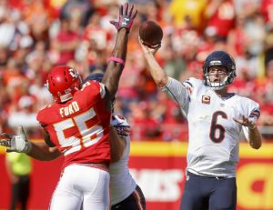 Oct. 11, 2015; Kansas City, MO; Chiefs outside linebacker Dee Ford (55) attempts to block a pass by Chicago quarterback Jay Cutler during the second half at Arrowhead Stadium. (Chris Neal/The Topeka Capital-Journal)