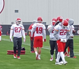 Nov. 18, 2015; Kansas City, MO; Chiefs safety Tyvon Branch (27) joins defensive backs for individual position drills during portion of practice open to the media. (Credit: Teope)
