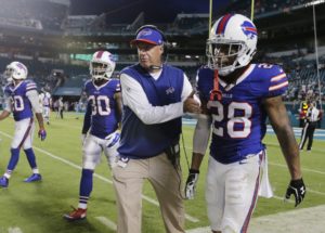 Sept. 27, 2015; Miami; Bills head coach Rex Ryan and cornerback Ronald Darby (28) on the sidelines against the Dolphins at Sun Life Stadium. (AP Photo/Lynne Sladky)