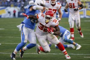 Nov. 22, 2015; San Diego; Kansas City Chiefs running back Spencer Ware (32) runs upfield during the second half against the Chargers at Qualcomm Stadium. (AP Photo/Lenny Ignelzi)