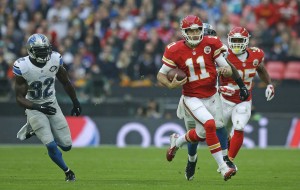 Nov. 1, 2015; London; Kansas City Chiefs quarterback Alex Smith (11) scrambles for positive yards against the Detroit Lions at Wembley Stadium. (AP Photo/Matt Dunham)