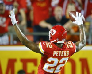 Sept. 17, 2015; Kansas City, MO; Chiefs rookie cornerback Marcus Peters celebrates after a pick-6 touchdown against the Denver Broncos at Arrowhead Stadium. (Chris Neal/The Topeka Capital Journal)