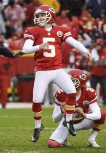 Dec. 13, 2015; Kansas City, MO; Chiefs kicker Cairo Santos (5) reacts to missing a field goal during the second half against the San Diego Chargers at Arrowhead Stadium. (AP Photo/Reed Hoffmann)
