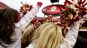 Dec. 27, 2015; Kansas City, MO; Chiefs cheerleaders celebrate when learning the Chiefs secured a playoff berth after the game against the Cleveland Browns at Arrowhead Stadium. (AP Photo/Charlie Riedel)