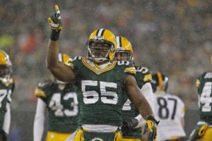 Dec. 22, 2013; Green Bay, WI; Packers outside linebacker Andy Mulumba (55) reacts after a play against the Pittsburgh Steelers at Lambeau Field. (AP Photo/Matt Ludtke)
