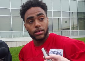 May 9, 2016; Kansas City, MO; Running back Donnell Alexander, the son of the late Derrick Thomas, addresses reporters on the final day of Chiefs rookie minicamp. Alexander attended camp on a tryout basis.
