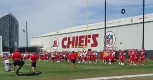 General view of players warming up at the Chiefs training facility.