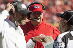 Coach Andy Reid and co-offensive coordinator Matt Nagy speak with an official during the Chiefs 27-21 win over the New Orleans Saints. Sunday October 23, 2016 in Kansas City, MO (Nick Tre. Smith/Special to The Topeka Capital-Journal)