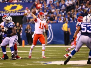 Kansas City Chiefs quarterback delivers a pass against the Indianapolis Colts during this team's 30-14 win on the road at Lucas Oil Stadium on Oct. 30, 2016. (Photo courtesy Chiefs PR, Chiefs.com)