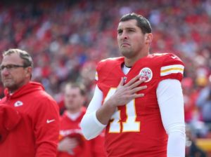 Kansas City Chiefs long snapper James Winchester stands for the national anthem before the team's game against Tampa Bay, his first game since the tragic shooting death of his father Michael WInchester. (Photo courtesy Chiefs PR, Chiefs.com)