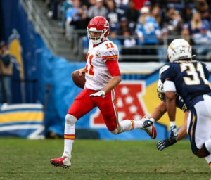 Kansas City Chiefs quarterback Alex Smith scrambles for yards during the team's 37-27 win over the San Diego Chargers at Qualcomm Stadium on Jan. 1, 2017. (Photo courtesy Chiefs PR, Chiefs.com)