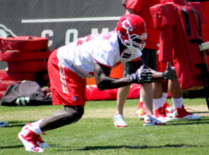 Kansas City Chiefs second-round draft pick Tanoh Kpassagnon takes part in drills during the team's rookie minicamp in Kansas City, Mo., on May 7, 2017. (Photo by Matt Derrick, ChiefsDigest.com)