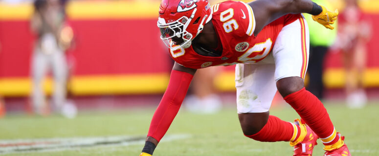 Chiefs defensive end Charles Omenihu lines up against the Los Angeles Chargers during a game at GEHA Field at Arrowhead Stadium on Oct. 22, 2023. (Photo by Andrew Mather, Kansas City Chiefs)